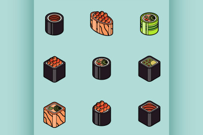 Sushi flat outline isomeric icons