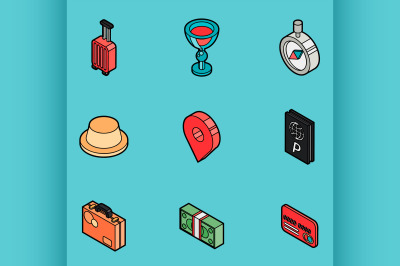 Traveling color outline isometric icons