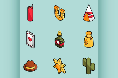 Wild west color outline isometric icons