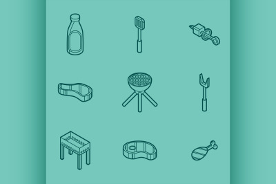 BBQ color outline isometric icons