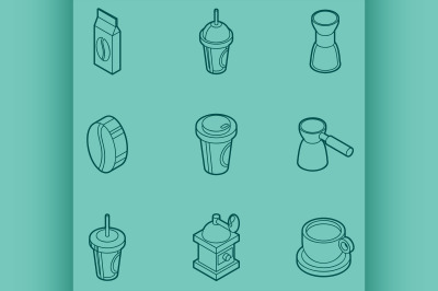 Coffee colored outline isometric icons