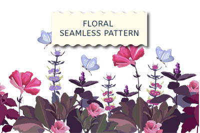 Floral seamless border, pink, purple flowers