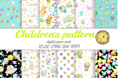 Digital paper, children&#039;s clipart. Watercolor seamless pattern. Childr