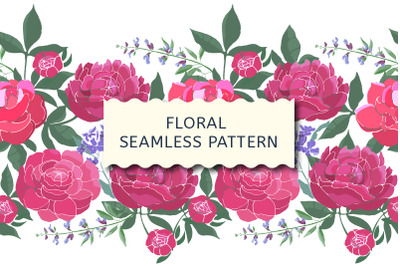 Floral seamless border. Pink peonies.