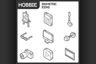 Hobbie outline isometric icons set