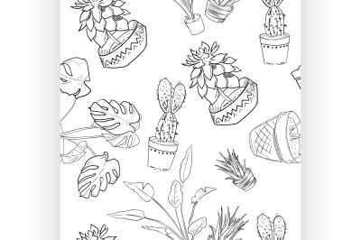 Houseplants vector pattern of hand drawing