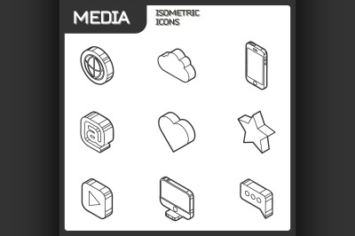 Media outline isometric icons set