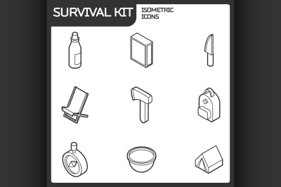 Survival kit outline isometric icons