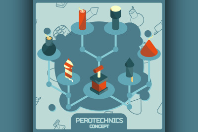 Pyrotechnics color isometric concept icons