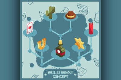 Wild west color isometric concept icons