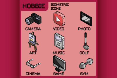 Hobbie color outline isometric icons set