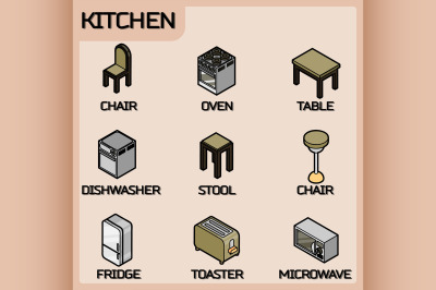 Kitchen color outline isometric icons set