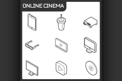 Online cinema outline isometric icons