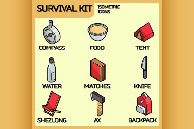 Survival kit color outline isometric icons