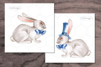 White rabbits. Watercolor clipart
