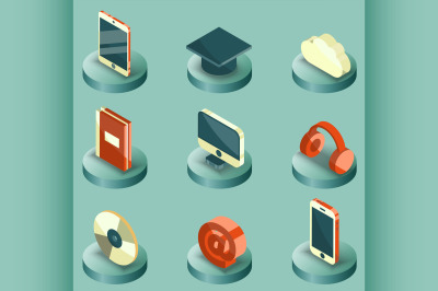 E-education color isometric icons set