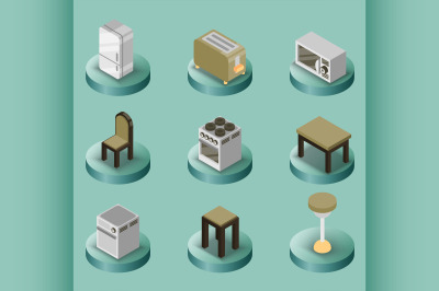 Kitchen color isometric icons set