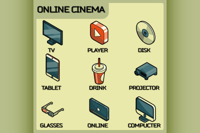 Online cinema color outline isometric icons