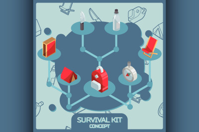 Survival kit color isometric concept icons