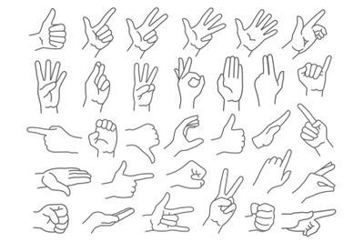 Line hands gestures. Like and dislike hand gesture icon, pointing fing