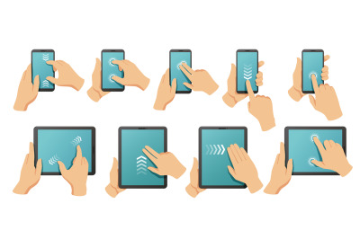 Touchscreen gestures. Hands on smartphone and tablet multi touch scree