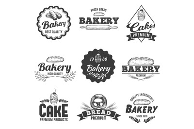 Bakery badge. Fresh bread food label, sweet cake sketch and hand drawn