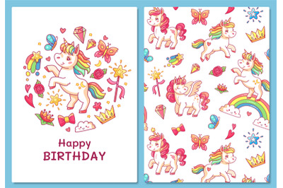 Magic cute unicorn greeting card. Cartoon vector template