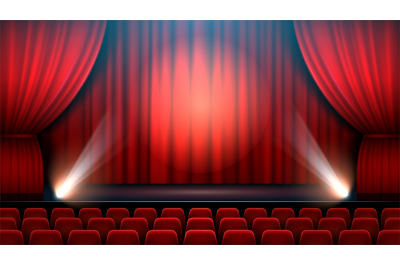 Theater show stage interior with red curtain, spotlight and theater ch