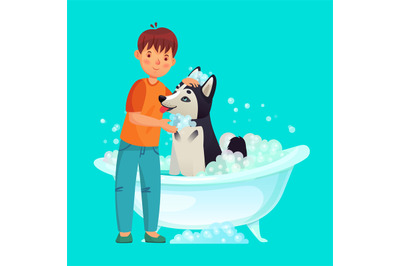 Kid washing dog. Pet wash in bathtub