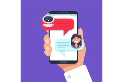 Mobile phone chatting with chat bot, bot conversation online