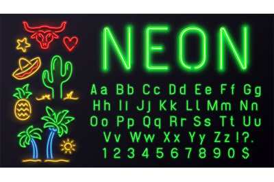 Neon font with signs. Vector alphabet for night