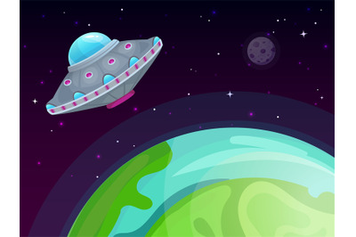 UFO vector concept. Spaceship travel, sci-fi in night sky