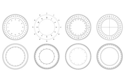 Round measuring circles. 360 degrees scale circle with lines, circular