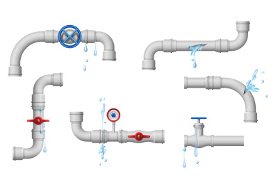 Damaged leaky pipes. Water pipe leaks, broken metal plumbing and leak