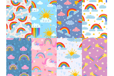 Seamless cute rainbow pattern. Sky with rainbows and clouds&2C; magic uni