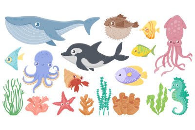 Cartoon ocean animals. Funny blue whale, cute hedgehog fish and orca.