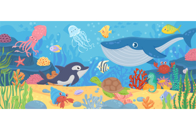 Underwater ocean life. Dolphin, exotic fishes and crab, squid. Bottom