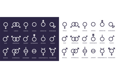 Gender symbol icons. Genderqueer, transgender and lesbian, bisexual pi