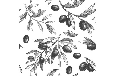 Seamless black olive pattern. Greek olives on branches with leaves, ha