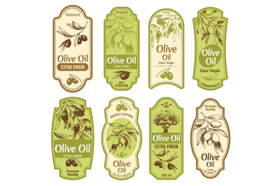 Olive oil label. Premium extra virgin oils, black olives on branches w