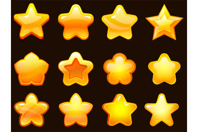 Game UI star. Cartoonic glossy stars shapes, shiny star for games. Car