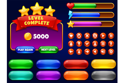 Game UI. Level complete menu with golden stars and buttons. Health bar