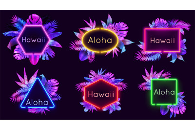 Neon aloha badges. Hawaii palm trees leaves with neon lights, summer b