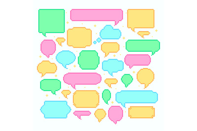 Pixel speech bubbles. Talk and communication message 8-bit