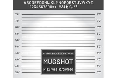 Mugshot template. Police lineup mugshot board with plastic alphabet an