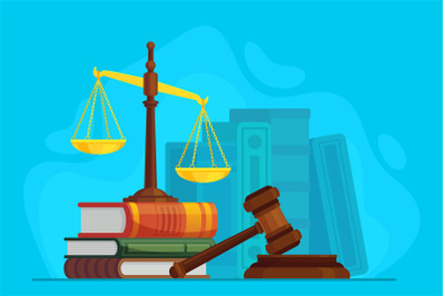 Law and justice. Scale justice and wooden judge gavel, auction symbol,