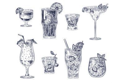 Sketch cocktails. Alcoholic drinks, cocktails. Pina colada, americano