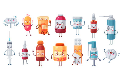 Cartoon medicine mascot. Cute happy pills characters kill bacteria and