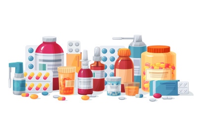 Cartoon meds. Drugs&2C; tablet capsules and prescription bottles. Blister