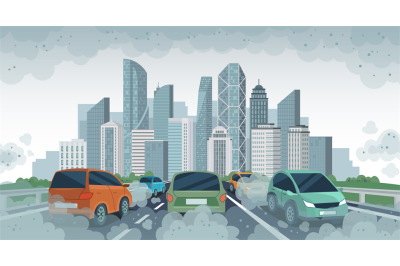 Cars air pollution. Polluted air environment at city&2C; vehicle traffic